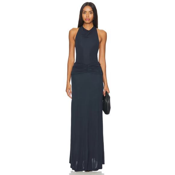 Solid & Striped The Bobby Maxi Dress Halter Neck Ruched Formal Vacation Navy MD - Picture 2 of 11